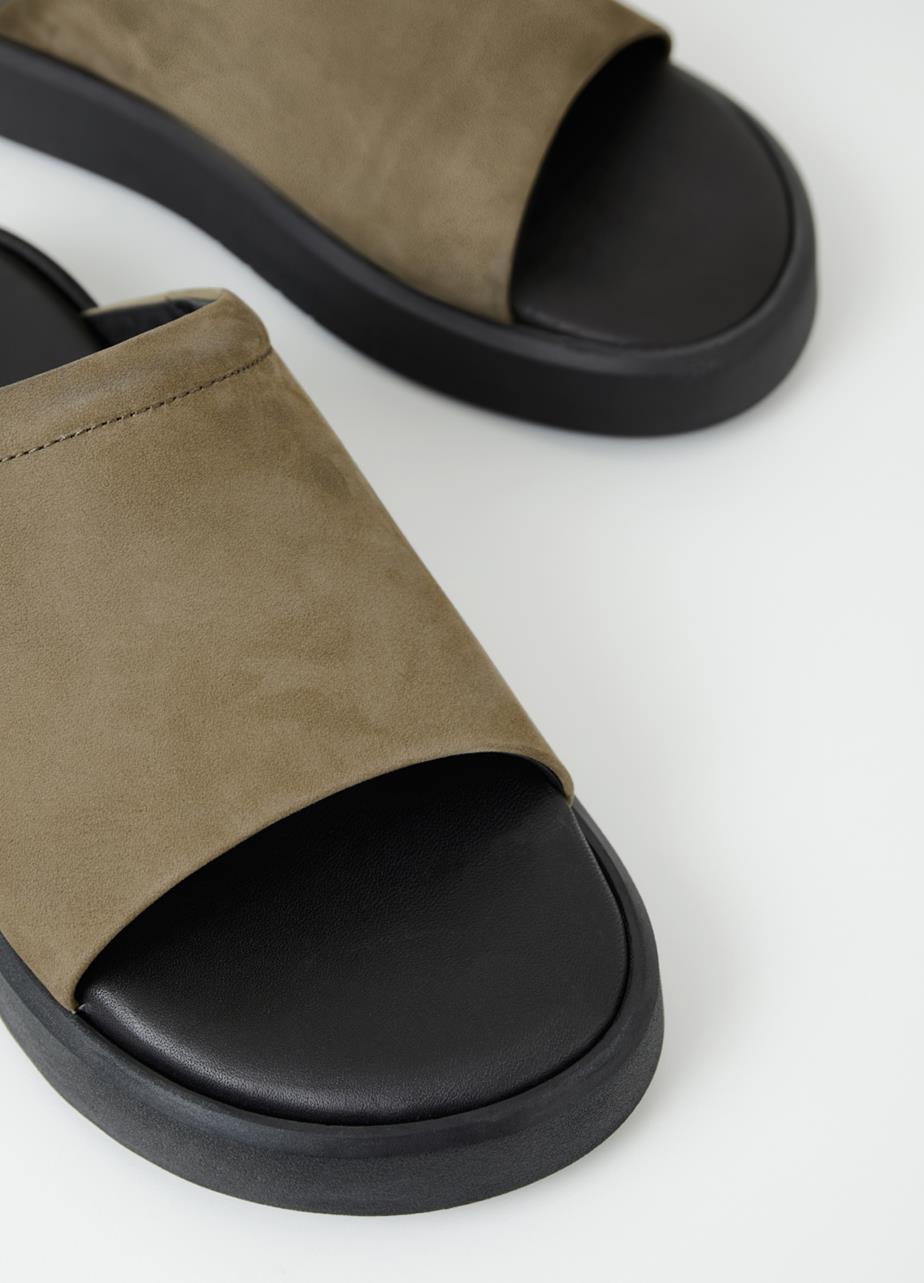 Slip-on sandals with wide strap in khaki-green nubuck, designed with rounded chunky outsole in black.