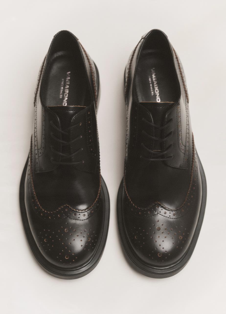 Black leather Freya brogue shoes viewed from above