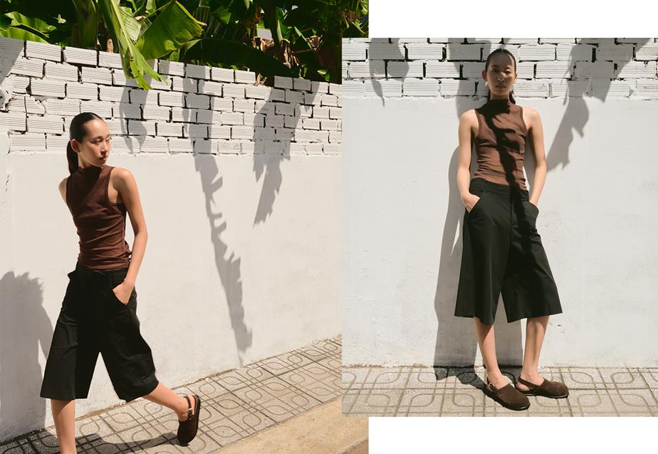 A woman wearing black pants and a brown top is featured in two separate images.