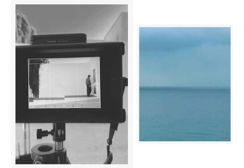A collage with one image of a camera and a smaller image of the sea.