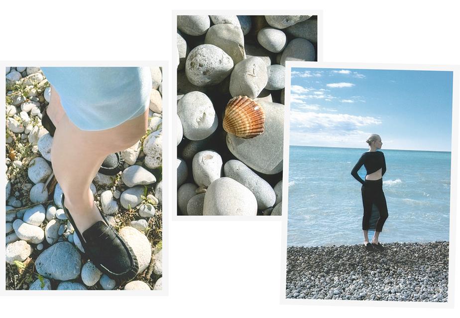 A collage of three images from a photoshoot on a beach.