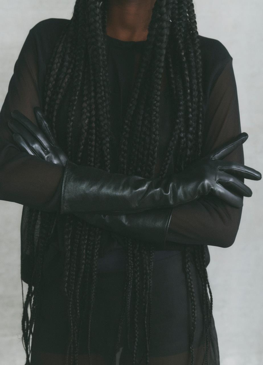 Extra long glove w Sort, Læder