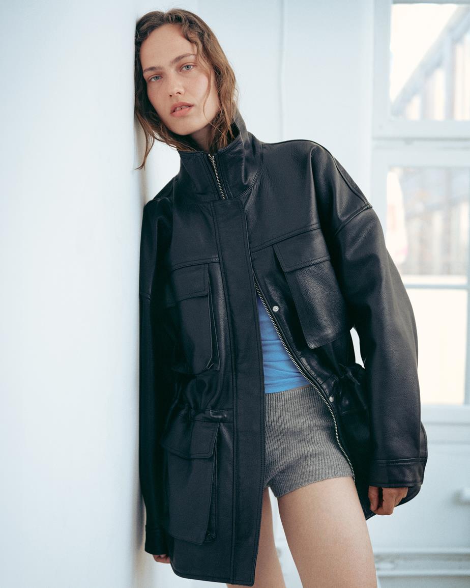 Utility leather jacket Čierna, Koža